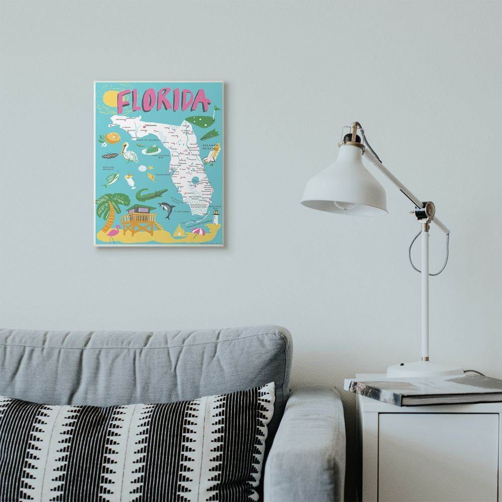The Stupell Home Decor Collection Florida Teal Blue and Pink Illustrated Scenic Map Poster Wall Plaque Art