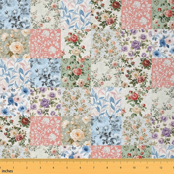 Feelyou Dreamy Rose Fabric by the Yard 2 Yards for Girls, Rustic Garden Flower Room Decor Fabric by the Yard, Vintage Floral Patchwork Fabric for Sewing, Lightweight Room Decor