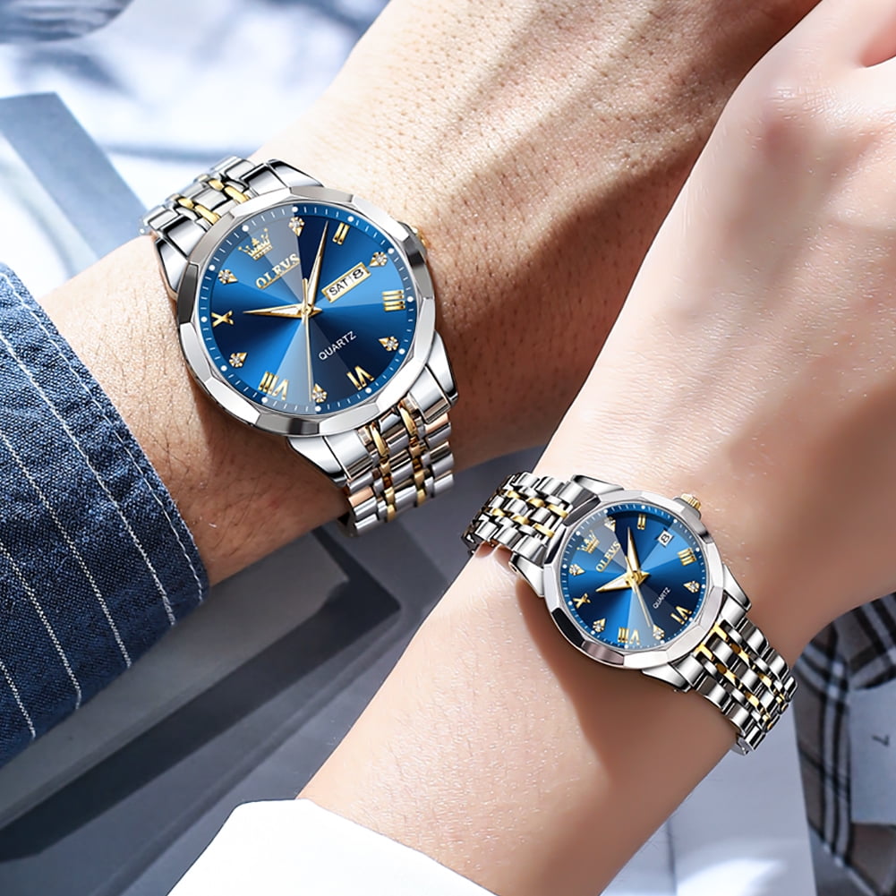 OLEVS Valentines Couple Pair Quartz Watches Luminous Calendar Date Window 3ATM Waterproof, Casual Stainless Steel His and Hers Wristwatch for Men Women Lovers Wedding Romantic Gifts Set of 2