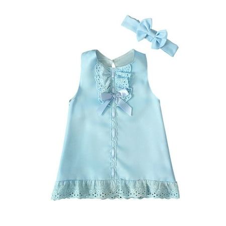

nsendm Bow Sleeveless Baby Dress+Headband Girl Outfit Maxi Set Casual Girls Dress&Skirt Wedding Flower Girl Dress Blue 0-6 Months