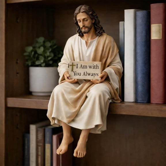 5.5" Big Easter Jesus Resin Desk Companion Figurine, Handmade Sitting Jesus Christ Statue with "I Am with You Always", Unique Spiritual Religious Decorative Easter Gift for Car Home Office Decor