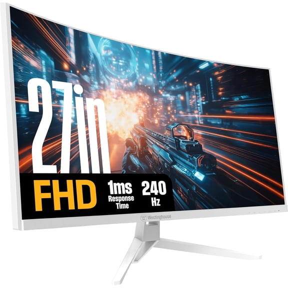 Westinghouse 27 Inch Curved Gaming Monitor, 240Hz, 1ms, 1500R, FHD 1080P, 4000:1 Contrast Ratio, 118% sRGB, AMD FreeSync, Eyecare, for PC Games with Built-in Speakers, DisplayPort, HDMI-White