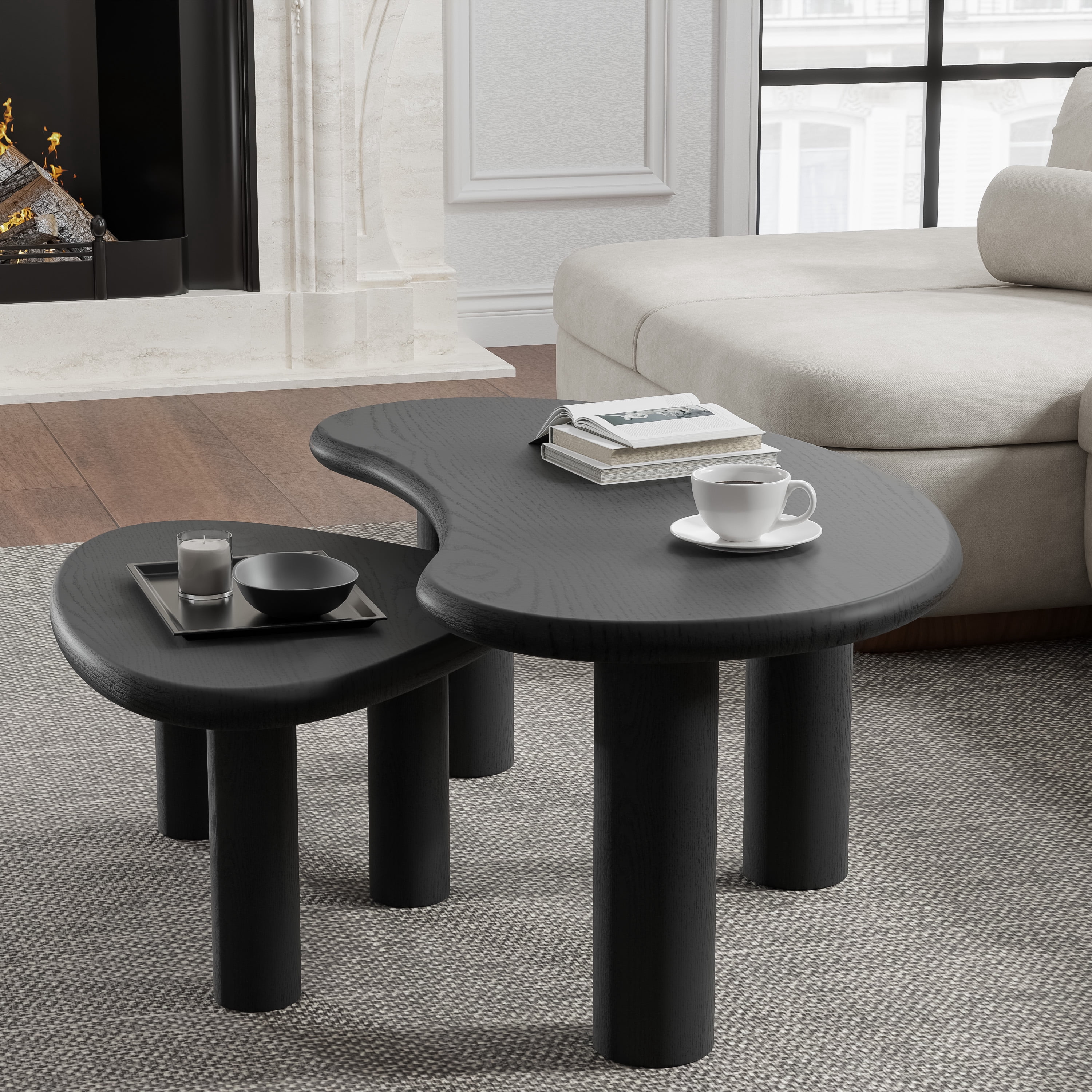 MAYEERTY 48" Cashew - Shaped Coffee Table Set, Modern Solid Wood Irregular Side Table for Living Room, Black