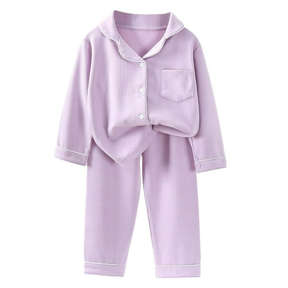lnmuld Two Piece Outfits Soft Double Velvet Girls Thermal Pajama Set Long Sleeve Cozy Winter Homewear for Toddlers and Kids with Lapel Collar Solid Color Size:3-4 Years