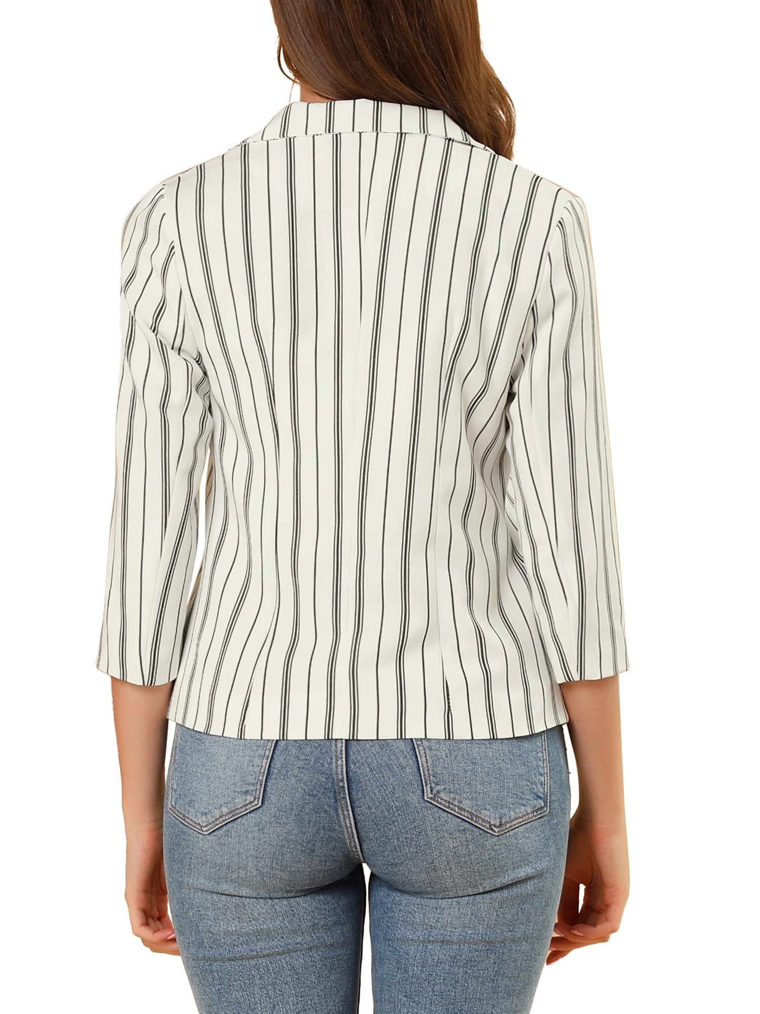 DARING DIVA Women's Striped Open Front Notched Lapel Blazer XL White