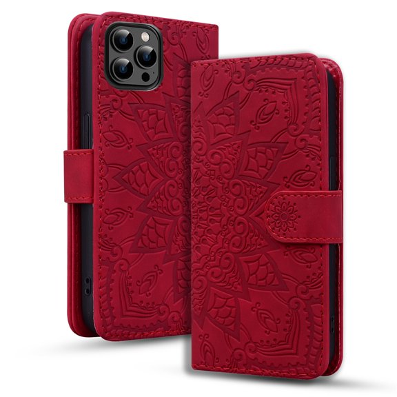 SaniMore Embossing Flip Wallet Case for iPhone 14 Pro, [RFID Blocking] PU Leather Cover with Card Holder & Kickstand Wrist Strap Magnetic Clasp All-Inclusive Protective Shell, Red