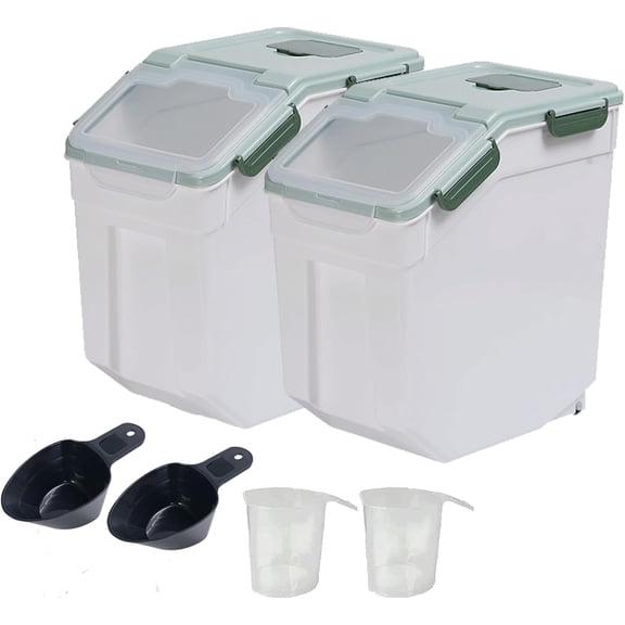 Large Flour Storage Container Bin 25lb, 2Pack Airtight Rice Storage Containers with Wheels Seal Locking Lid, BPA Free with Measuring Cup&Scoop for Flour, Rice, Grain(Green)