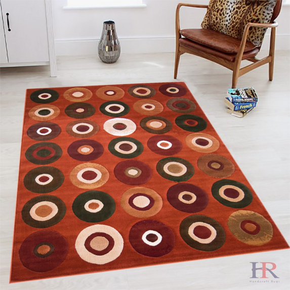 Handcraft Rugs - Red Rust, Beige, Chocolate, Sage Green, Modern Circle Geometric Pattern Area Rug (Approximately 5 by 7)