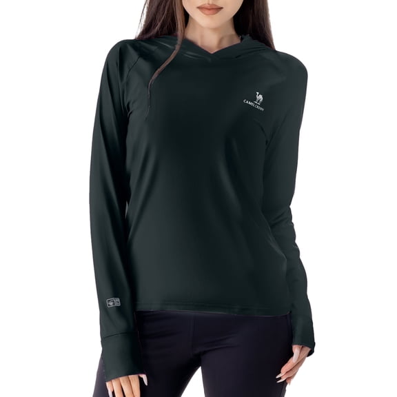 CAMEL Women's Sun Protection Clothing UPF 50 Lightweight Womens Activewear Long Sleeve Rash Guard Shirts Breathable Sunscreen Hoodie Workout Tops Outdoor Hiking Black