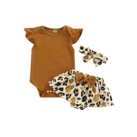 

wybzd Newborn Baby Girl Clothes Knitted Sleeveless Romper Floral Shorts Headband Outfits Brown 12-18 Months