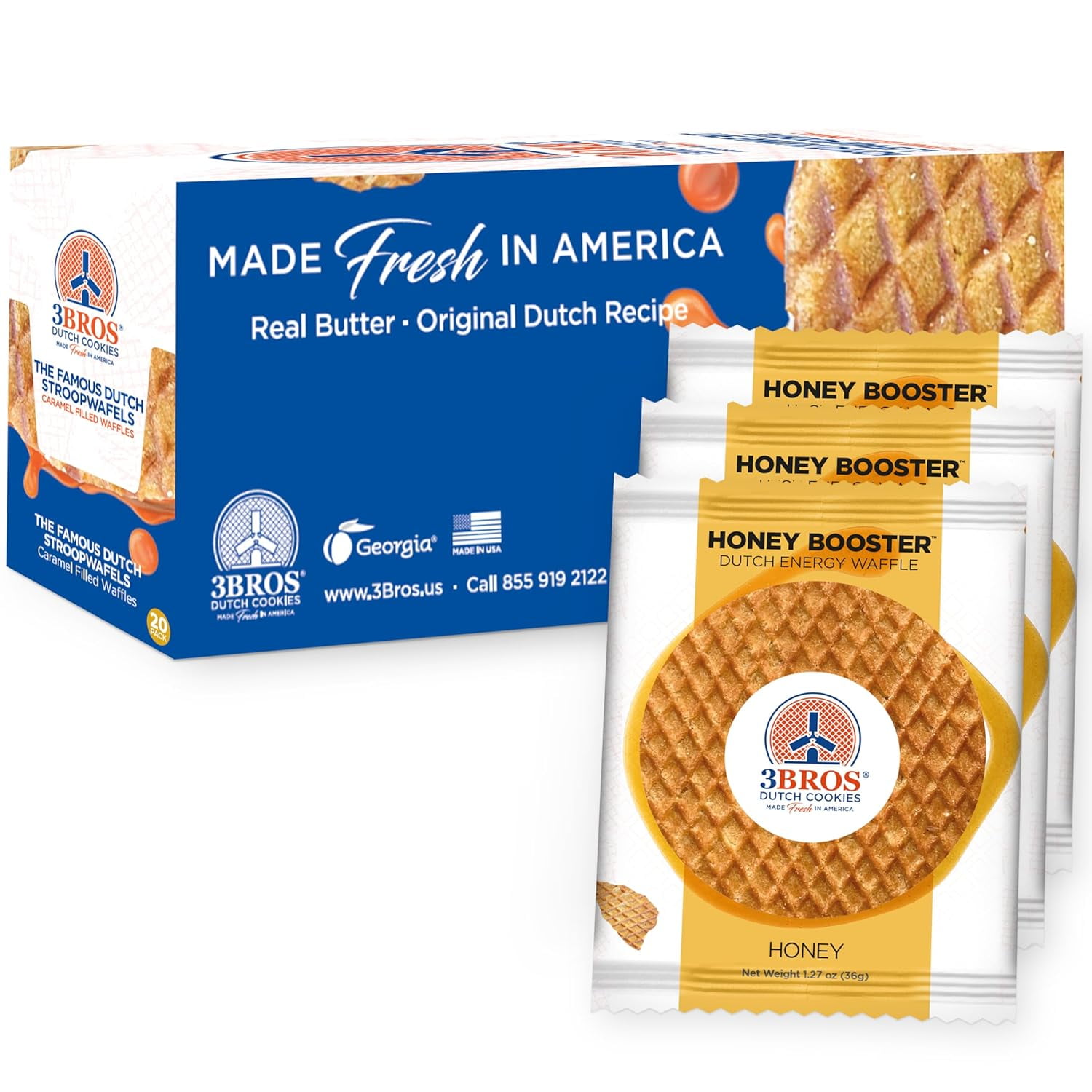 3Bros Wafels Dutch Caramel Stroopwafels, 20 packs| Original Recipe with Real Butter | Individually Wrapped
