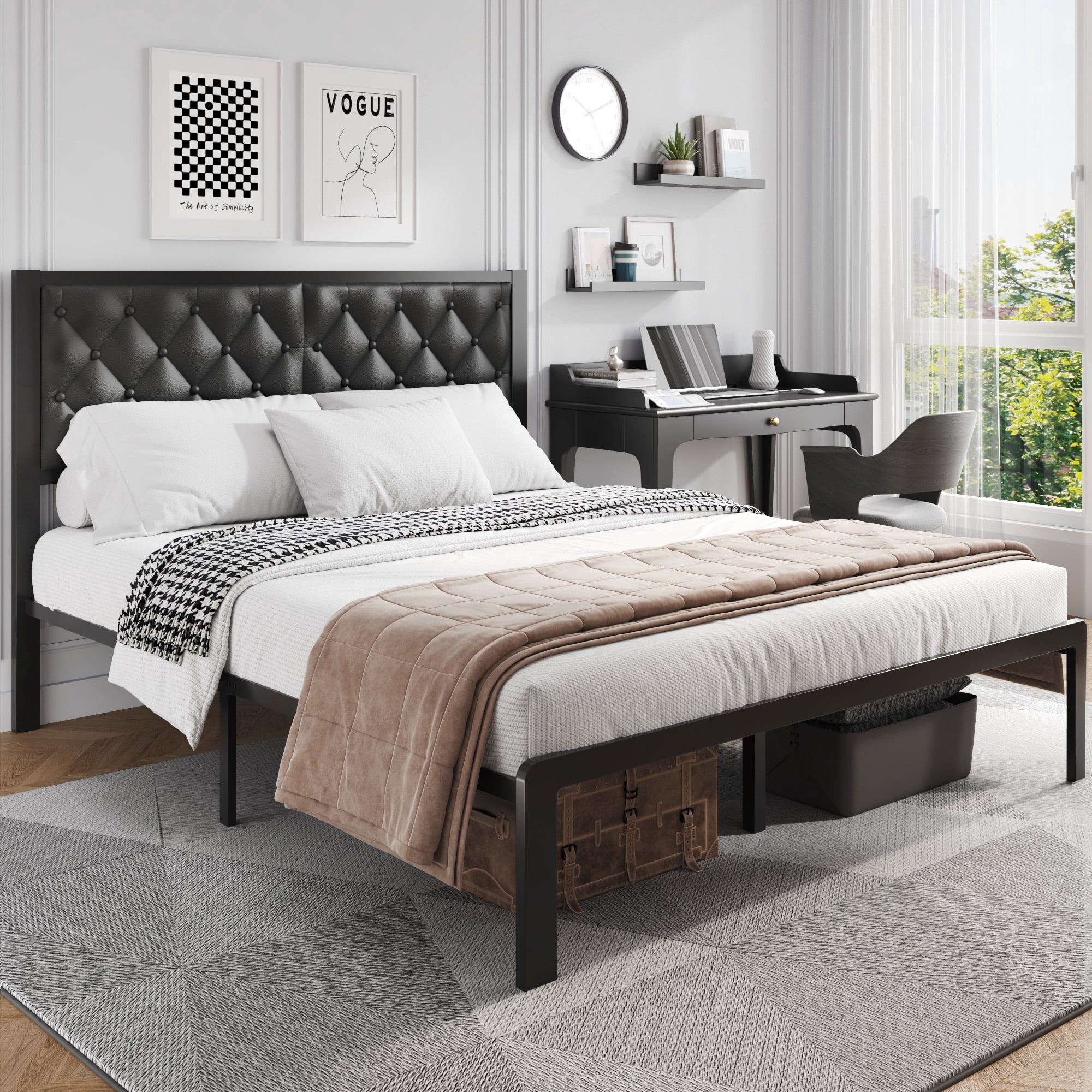 Bed Frame with Headboard PU Leather Upholstered, All Metal Slats Support Platform, Queen, Black
