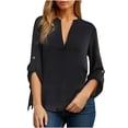 thumbnail image 3 of Tops bohemios para mujer,Camisa informal de mujer con cuello en V, manga corta, mezcla de algodón y lino, corte holgado, color liso, para uso diario, sopatenor, 3 of 7