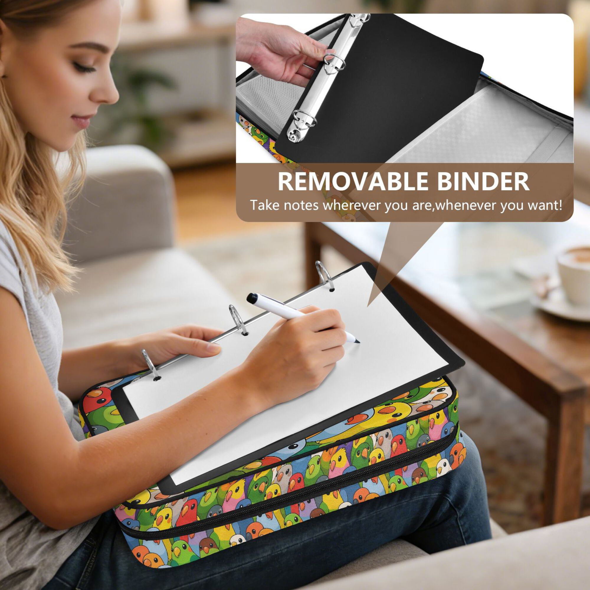 FORMRS Accordion File Folder A4 Size 7-Pocket Expanding Document Organizer Bag with 3 Ring Binder, Cartoon Birds Pattern