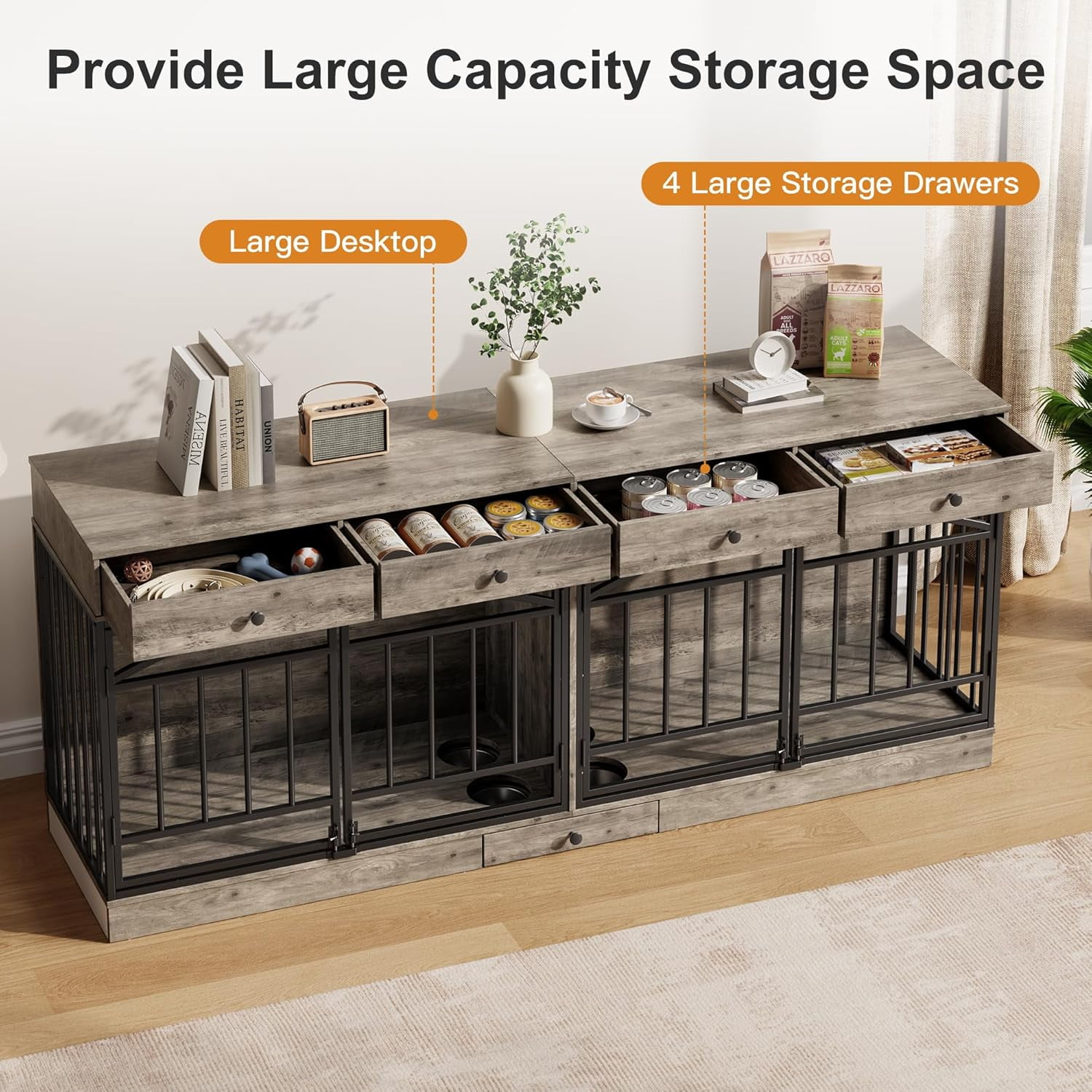 Dog Crate Furniture for 2 Dogs, Dog Kennel Indoor with 4 Storage Drawers and Feeding Bowls, Double Dog Crate TV Stand for Small Medium Dogs, Grey