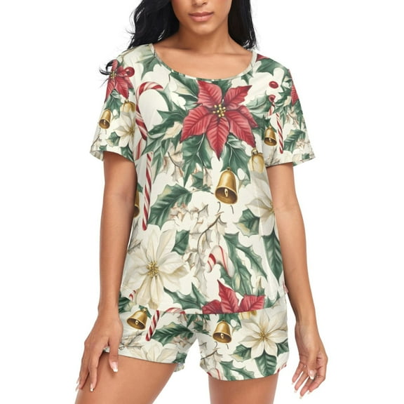 joogoo Women's Pajama Set Christmas Poinsettia Flowers Short Sleepwear Loungewear with Pockets M