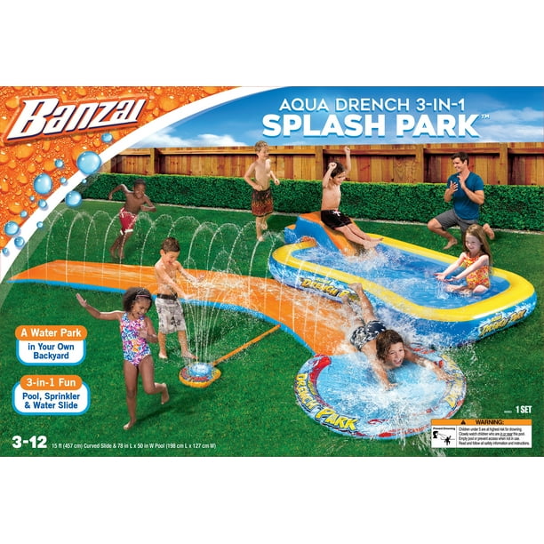 Banzai Aqua Drench Splash Park 3 In 1 Sprinkler Pool And Curved Slide 15 Foot Outdoor Backyard Summer Water Play For Kids Families Walmart Com Walmart Com