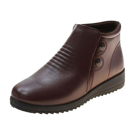 

hopeusnice Women s Ankle Boots Winter Warm Faux Leather Buckle Boots Slip On Shoes Comfortable Flat Heel Booties Wine 36