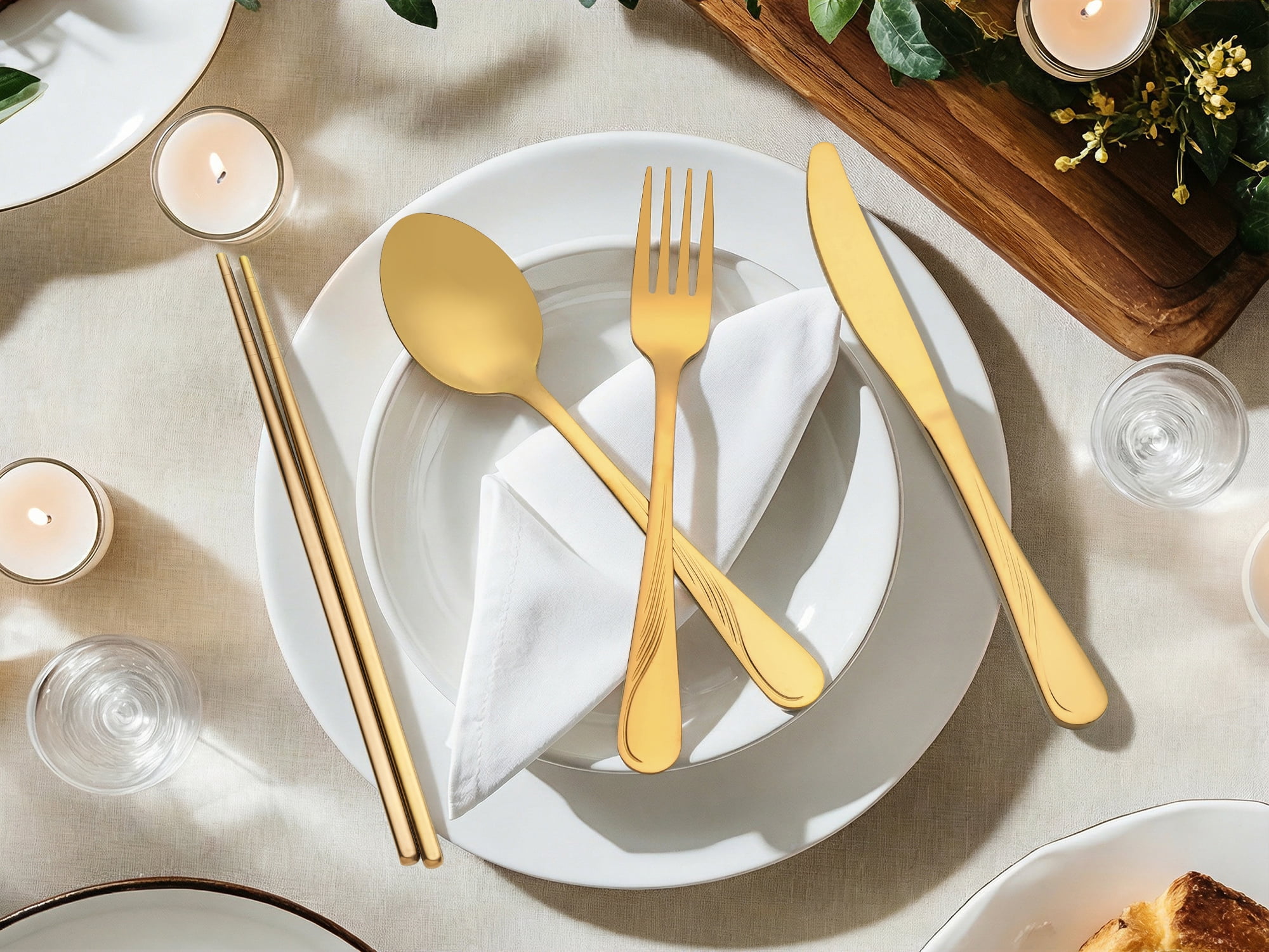 Unique Bargains Sleek and Stylish Durable Stainless Steel Flatware Set Gold 4pcs
