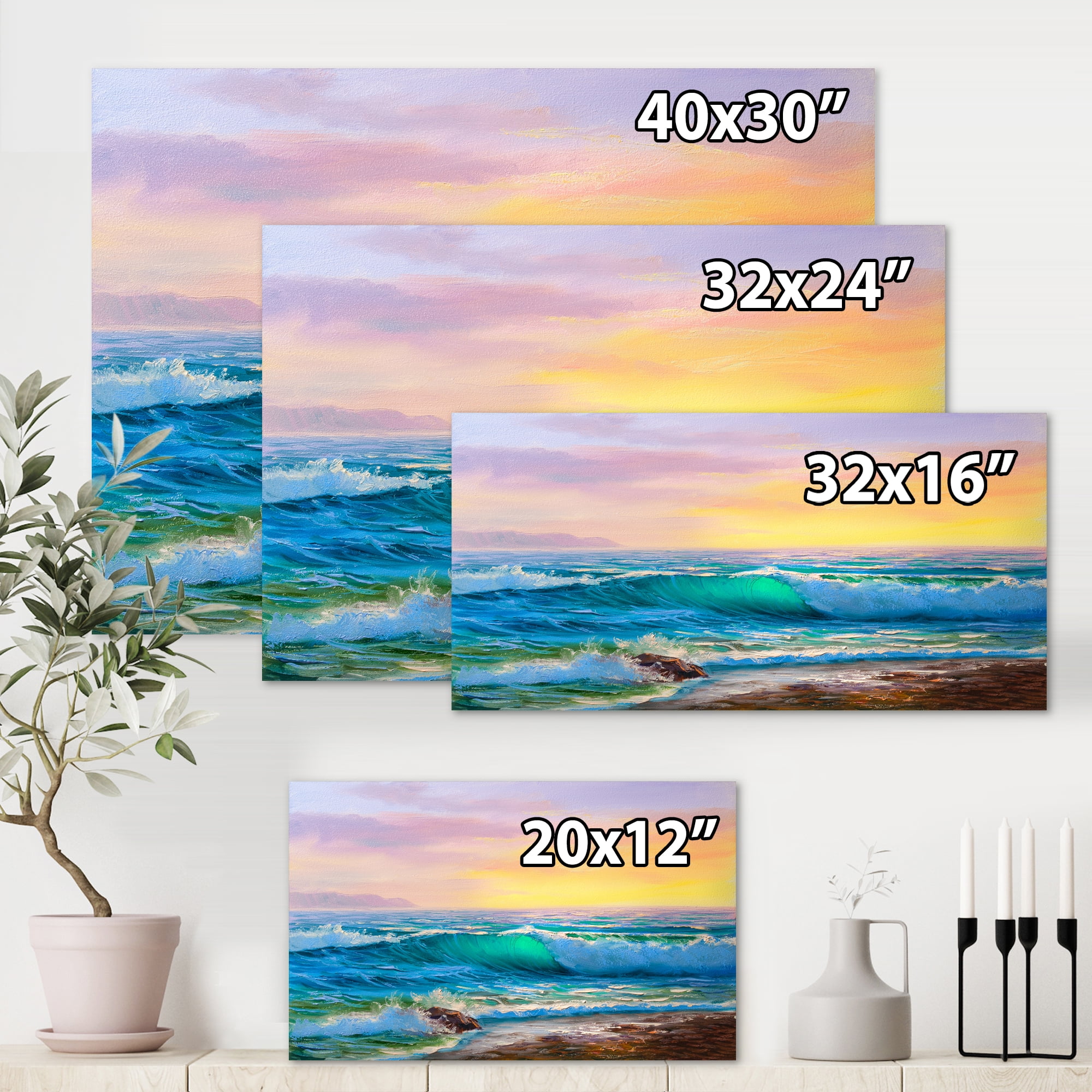 Blue Waves Breaking At The Beach Landscape IV 8 in x 12 in Painting Canvas Art Print, by Designart