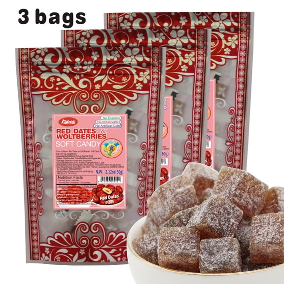 RedDates Wolfberries Snacks Candy Soft, Chewy Gummy  Fruity Candy Jelly Resealable 2.12oz Per Bag(3 Bags)，Perfect Treat for Halloween Parties,Christmas Candy,Sprinkles,Gift Bags