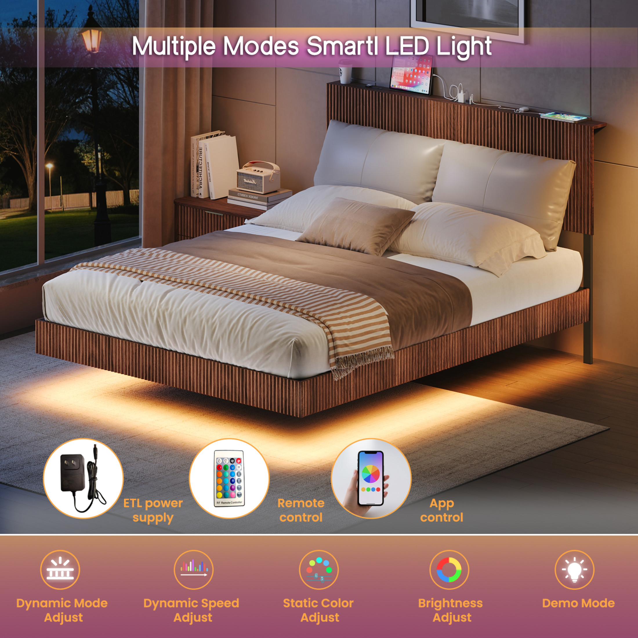 Noble House Modern Queen Floating Bed Frame with Charging Station, LED Lights & Wavy Headboard, Walnut