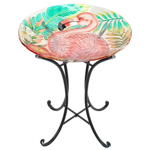 Flamingo Glass Bird Bath with Metal Stand – Bird Bath, Outdoor Bird Feeder & Decor, Stable Iron Frame for Patio/Garden, Colorful Floral & Leaf Accents