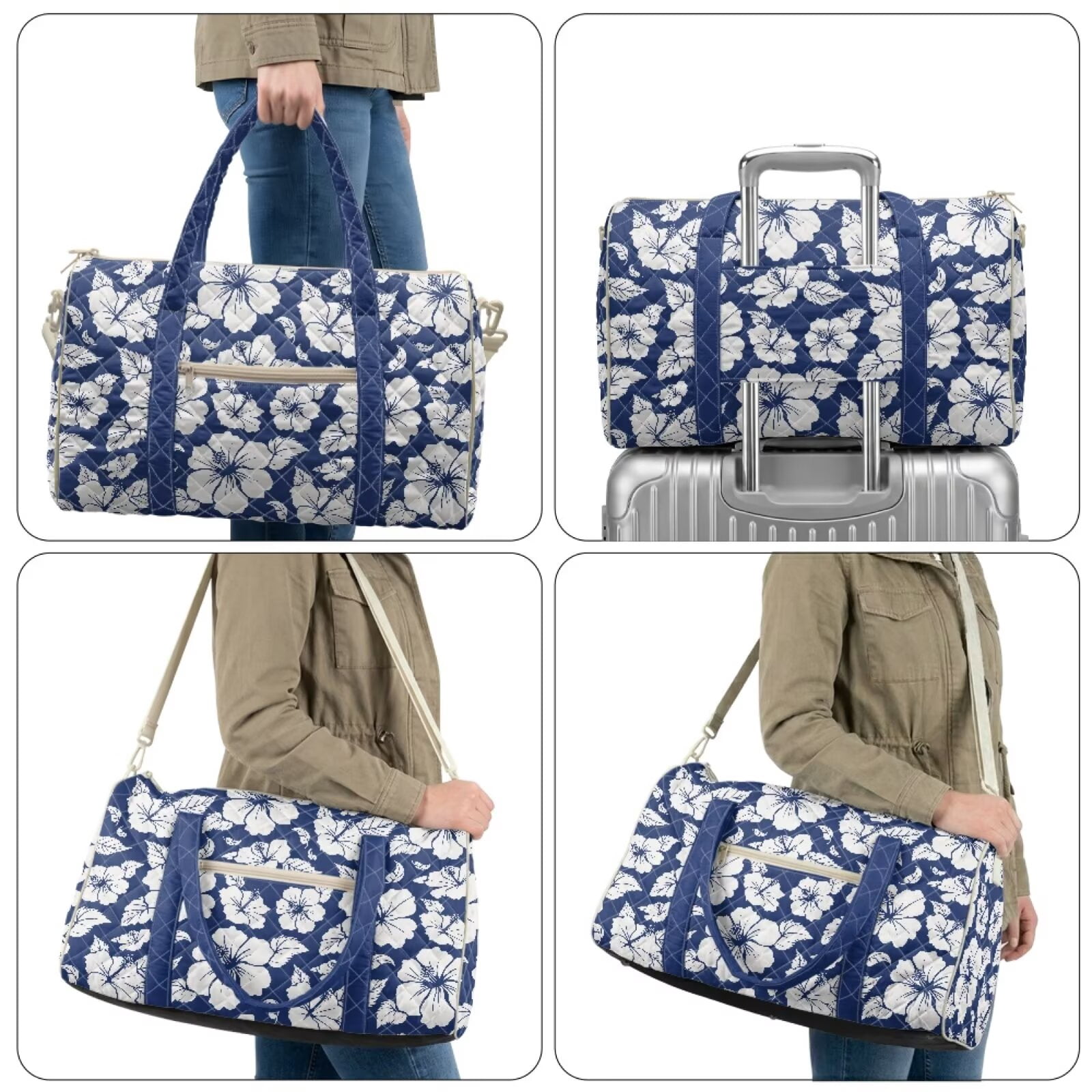 Chririnla Blue Hibiscus Print Modern Gym Bag Soft Duffle for Women with Quilting Design & Multi-Pockets Easily Portable Fitness Luggage Fits Exercise