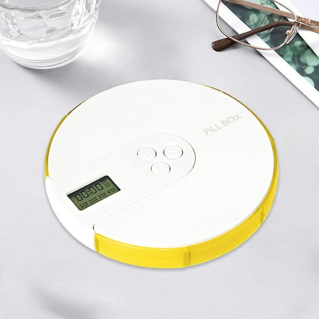 Pastillero electrónico de 7 días con alarmas recordatorias, caja de medicación semanal portátil, estuche digital redondo multicolor con pantalla LCD y temporizador extraíble.