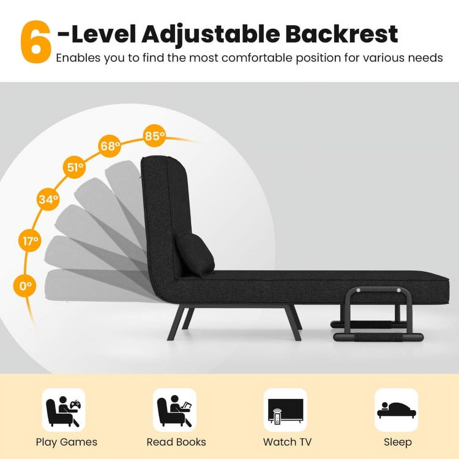 Folding Chair Bed, Folding 6 Position Convertible Sleeper Bed Armchair Lounge Couch with Pillow, Cozy Futon Chair for Small Spaces, Office, Black