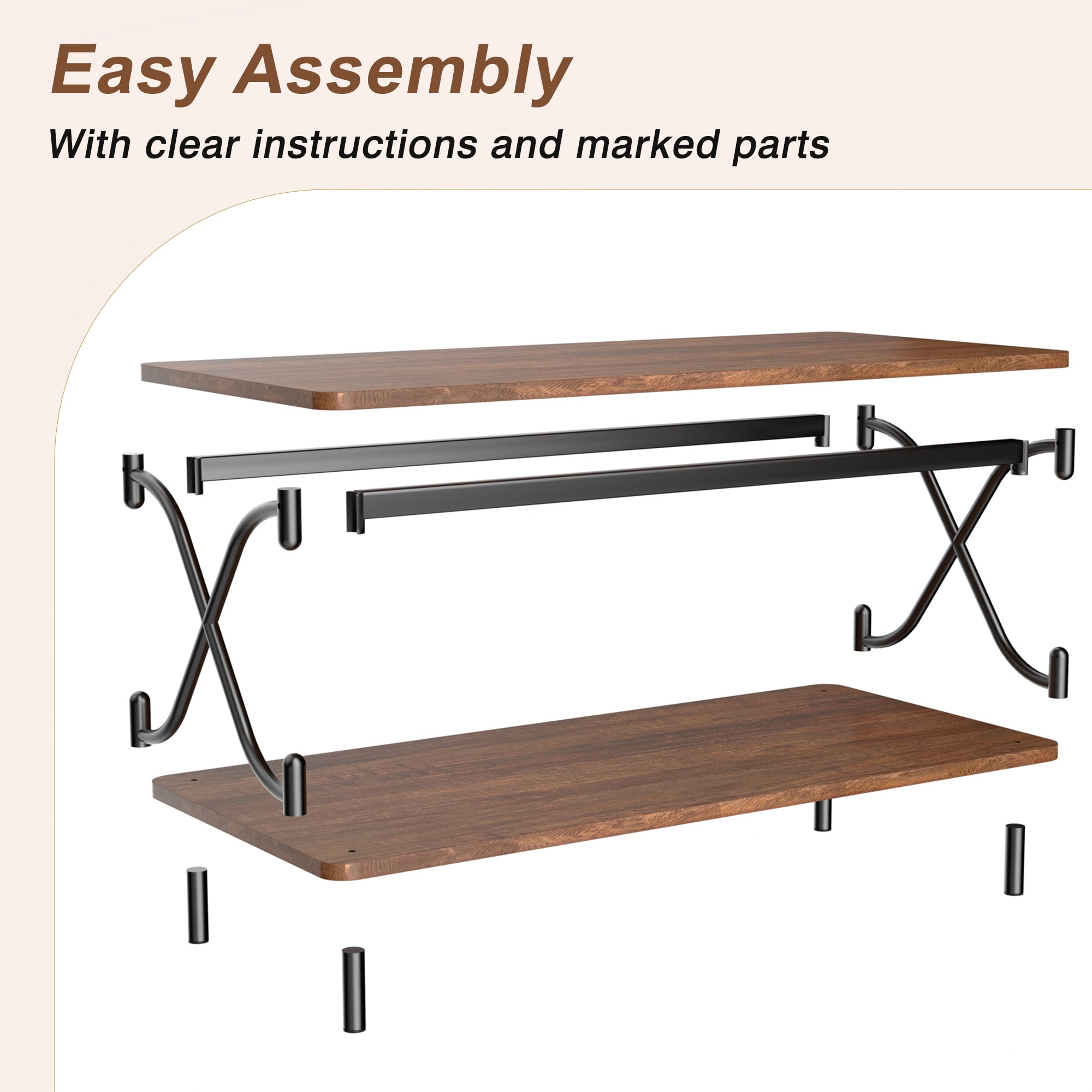 VECELO Rectangle Coffee Table with Storage Shelf, Modern X-Design Side Metal Frame for Living Room Office, Brown