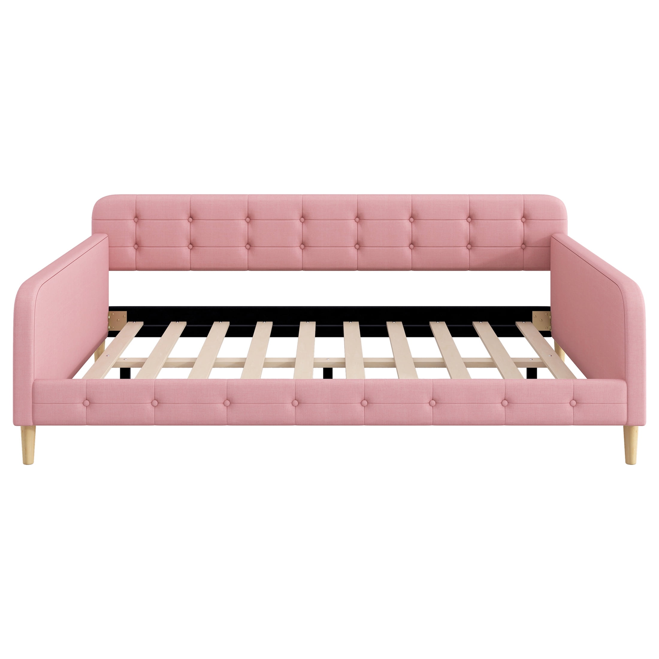 Noble House Havina Queen Upholstered Daybed, Button Tufted Linen Sofa Guest Bed with Slat Support Frame, Pink