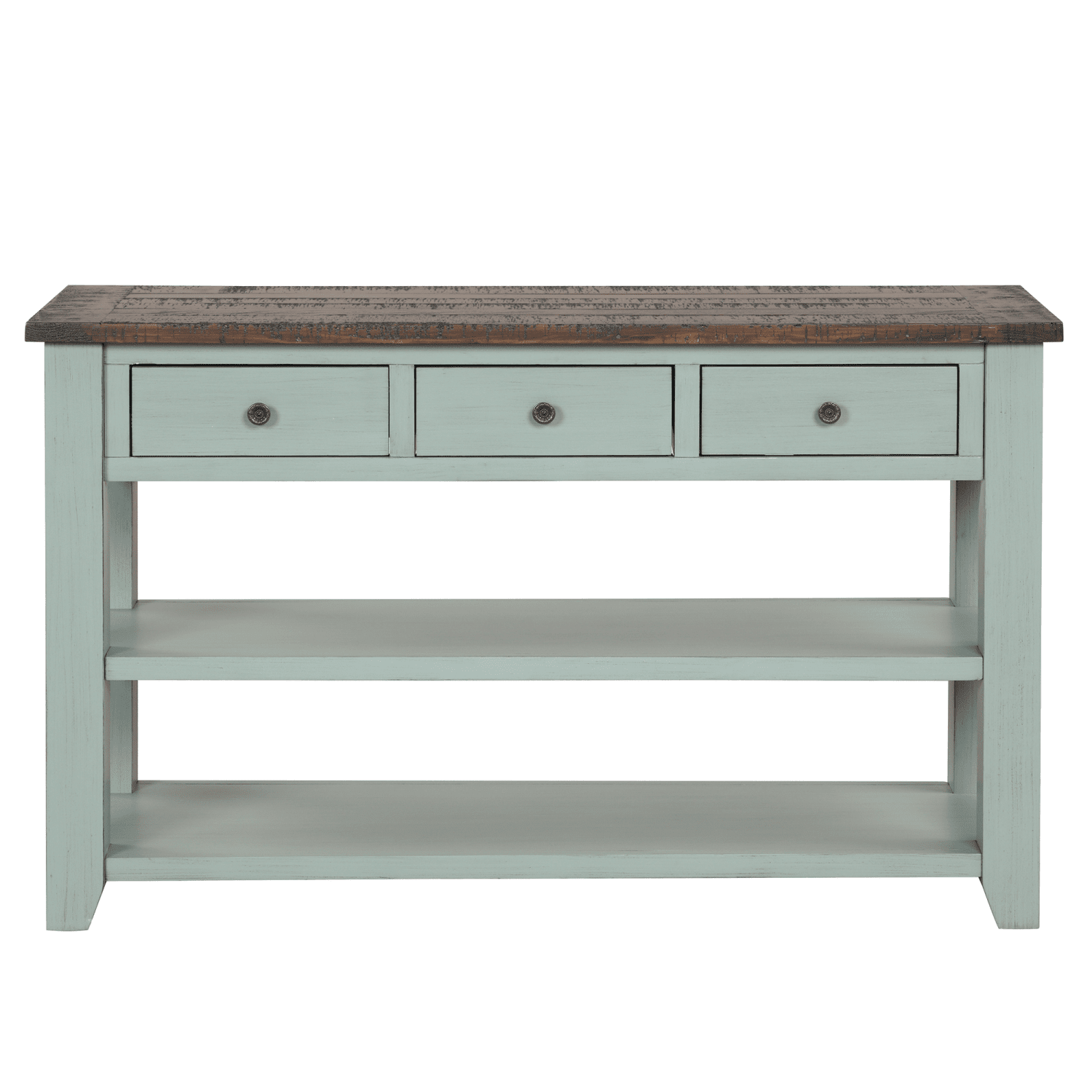 Tcbosik 48 inch Console Table, Entryway Table with Open Shelves and 3 Storage Drawers, Behind Couch Table for Foyer, Hallway, Living Room, Retro Blue