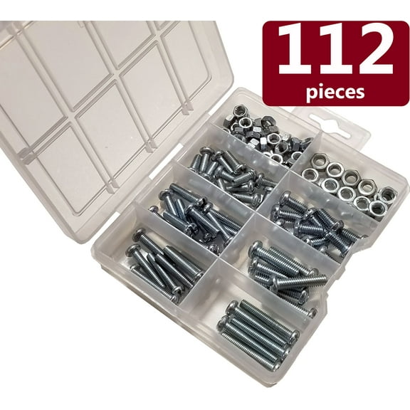 Machine Screws Assortment Kit with Nuts, Hexagon Head Nuts, Screwdriver Tool Needed, Variety of Sizes, 112 Pieces
