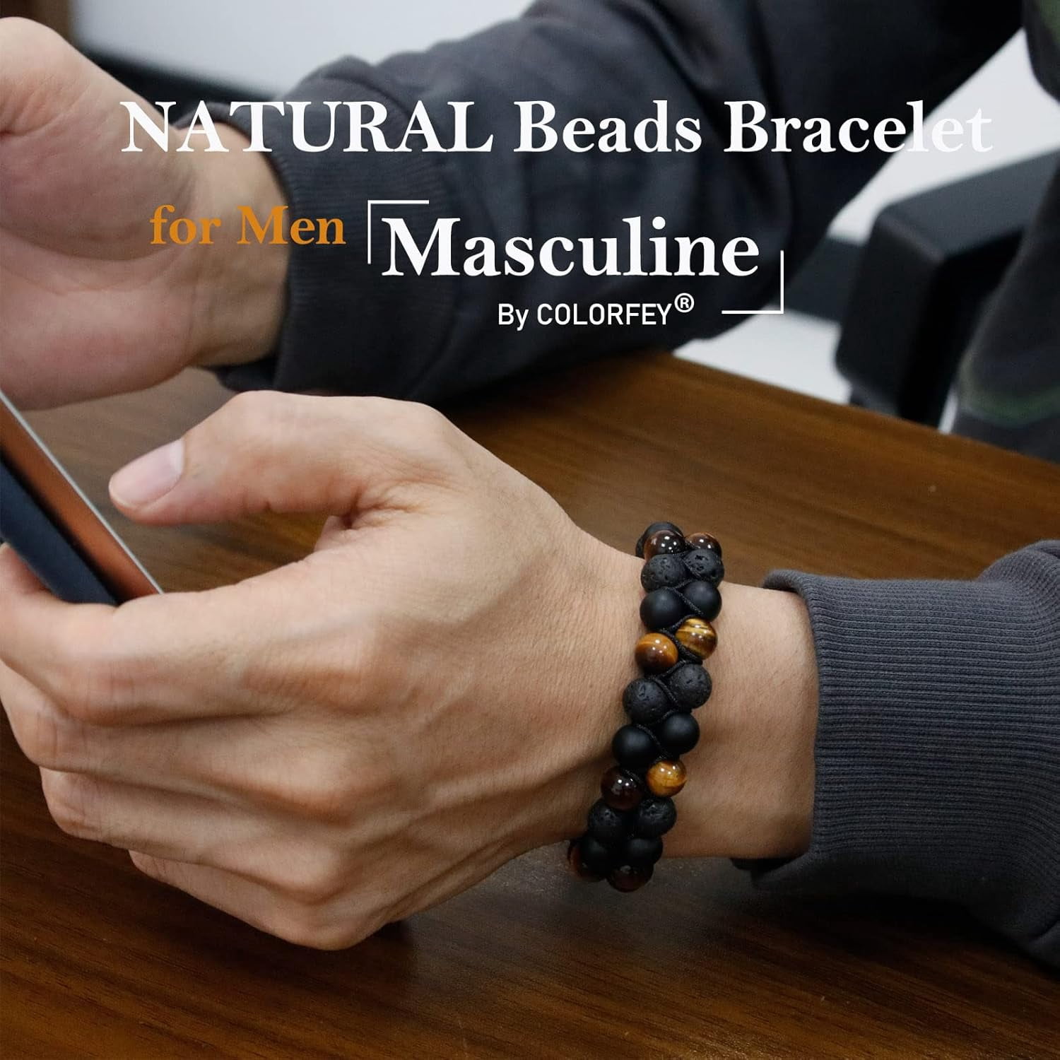 Triple Protection Bracelet for Men Women, Genuine Premium Tiger Eye Black Onyx and Lava Rock 8mm Handmade Bead Bracelet Healing Crystal Protection Bracelets Bring Luck and Prosperity and Happiness