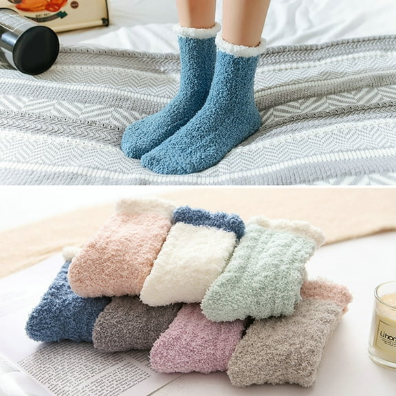 AYYUFE 1 Pair Women Socks Soft Texture Coral Fleece Stretchy Ankle Length Anti-skid Cold Resistant Thick Winter Warm Fluffy Socks Home Use