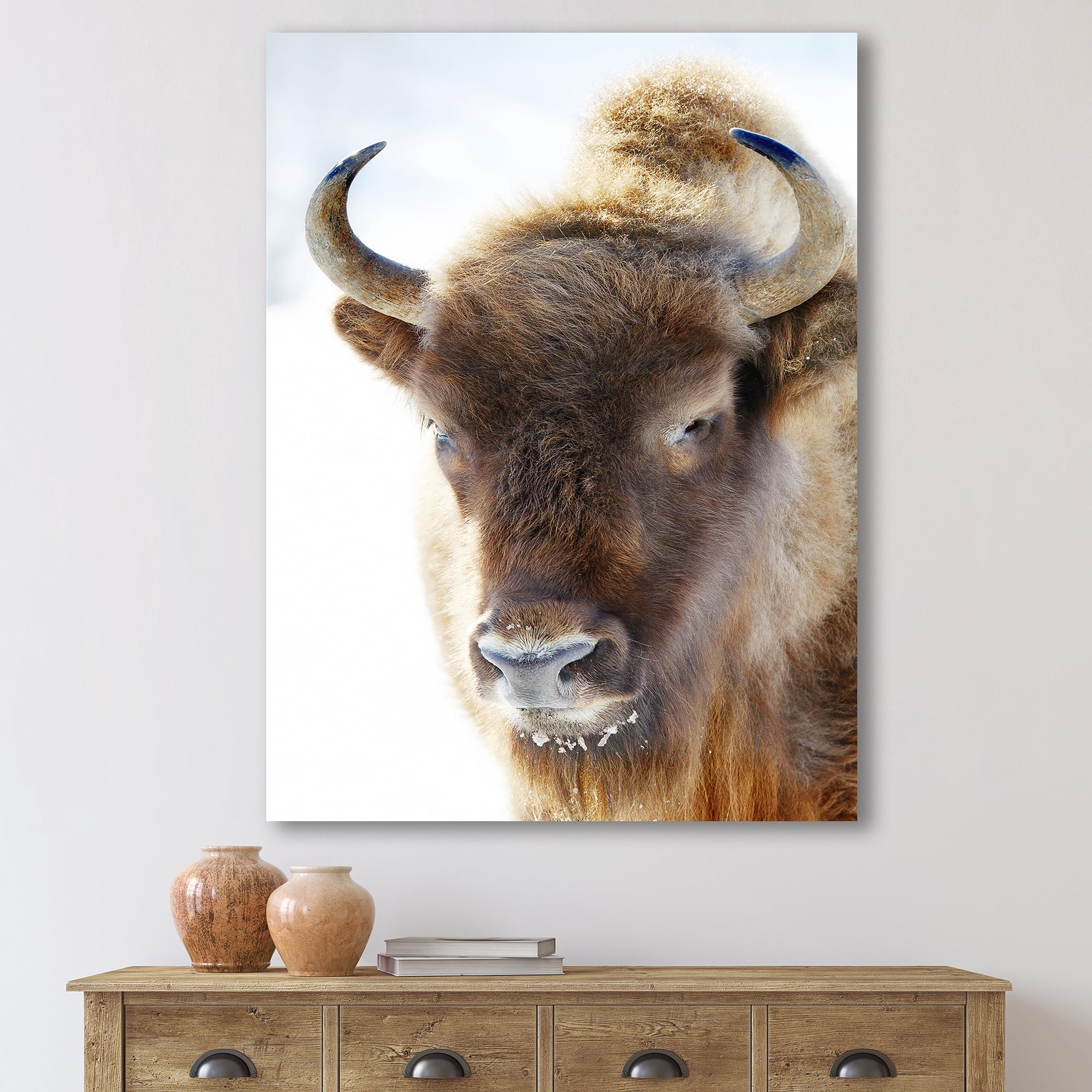 Designart ' Close UP Of Wild Bison ' Farmhouse Canvas Wall Art Print