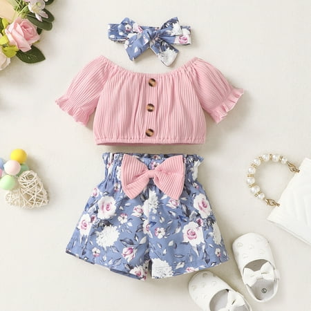

pop seller Children s Baby Girl s T-Shirt+ Shorts+ Headscarf Three-Piece Set