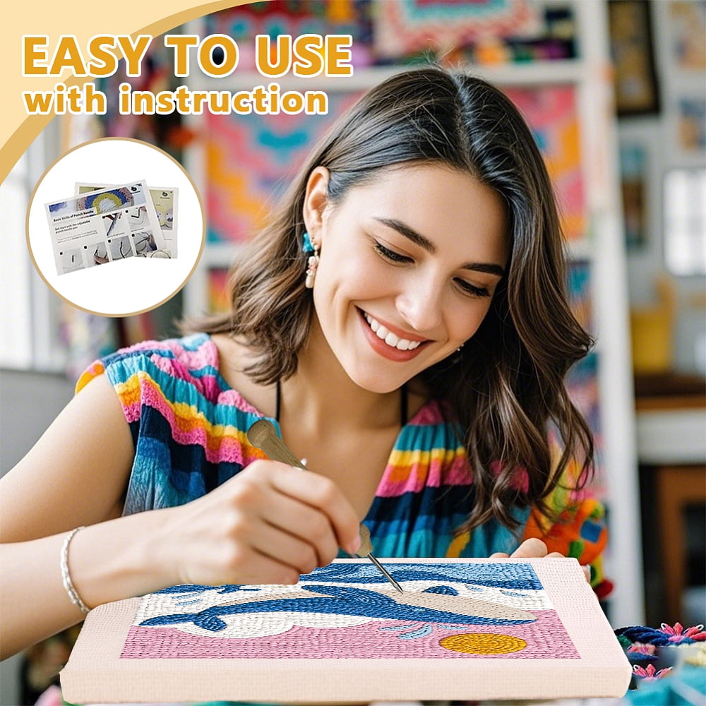Polyester Cotton Punch Needle 4Folded Yarns Embroidery Kits Included Threader Cotton Thread Punch Needle Thread Clips 3.5MM Wooden Needle Whale
