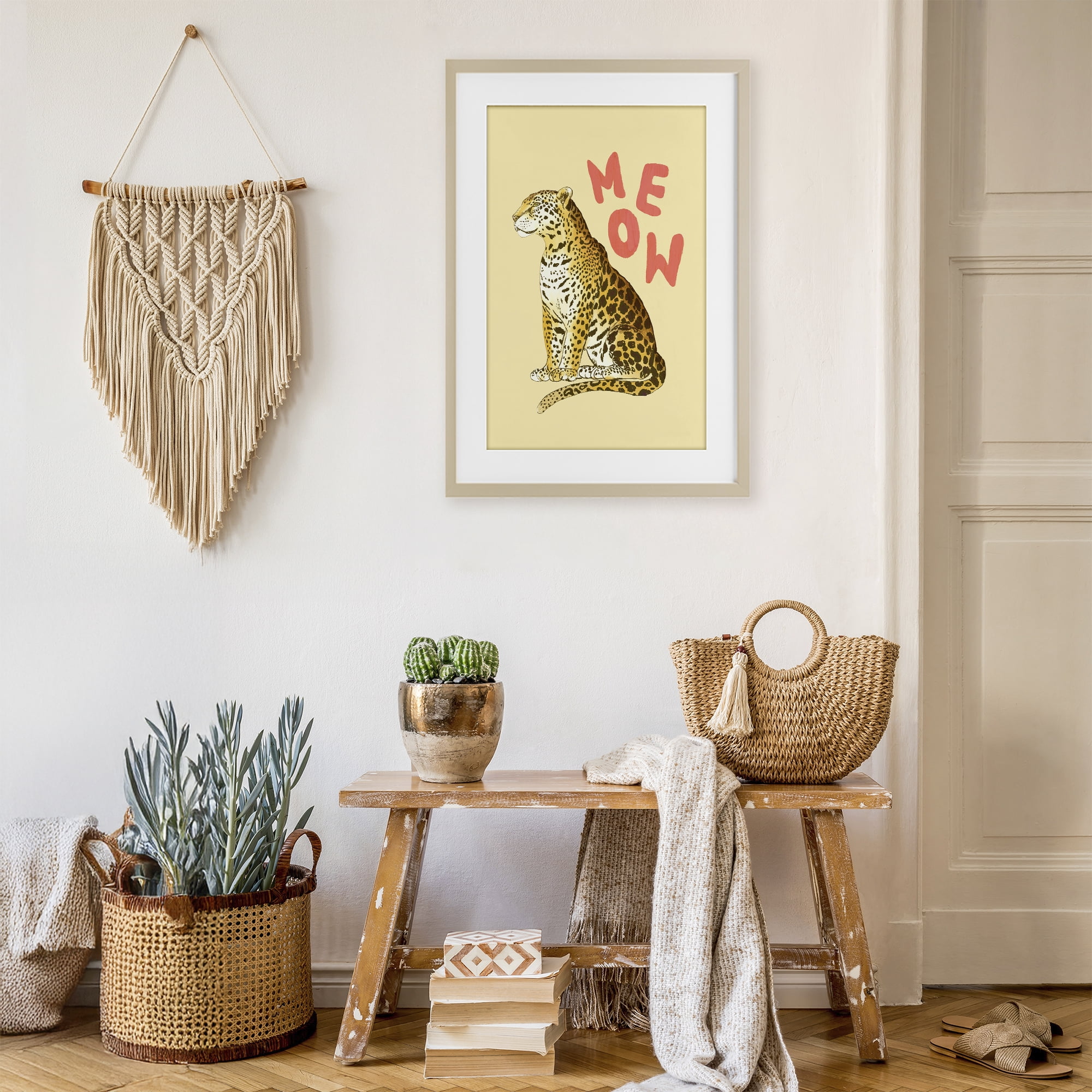 Stupell Industries Meow Leopard on Yellow Birch Framed Print Under Glass, design by Florentina Dolci