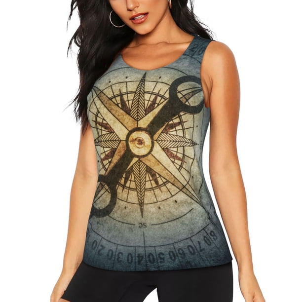 Balery Vintage Compass Camiseta sin mangas estampada ligera para mujer, tops de entrenamiento sin mangas, camisetas de yoga transpirables de secado rápido.-X-Large