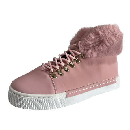 

Ladies Fashion Solid Leather Lace Up Short Boots Warm Plush Flat Snow Boots