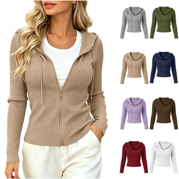 Xaqiouau Womens Hooded Zip Up Cardigan Solid Color Ribbed Knit Slim Fit Full Zip Long Sleeve Side Pockets Casual Winter Daily Outerwear Tops Khaki M