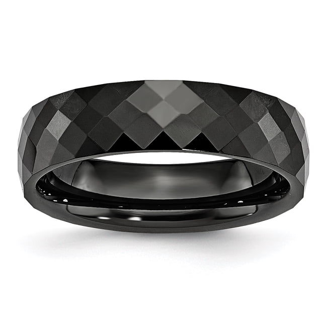 Ceramic Black 6mm Faceted Polished Band Ring 6 Size