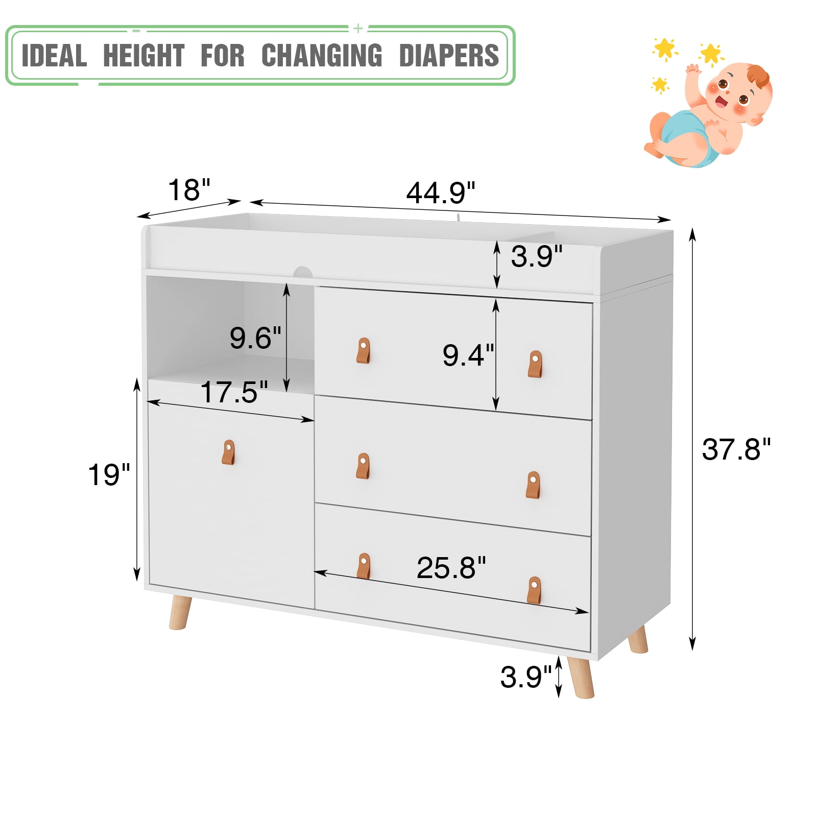 KULAGAGA Changing Table Dresser, Baby Nursery Dresser with 3 Drawers and Shelf, Top Guardrail and Large Storage Cabinet, Hidden Trash Storage, Baby Changing Dressers for Nursery Room, White