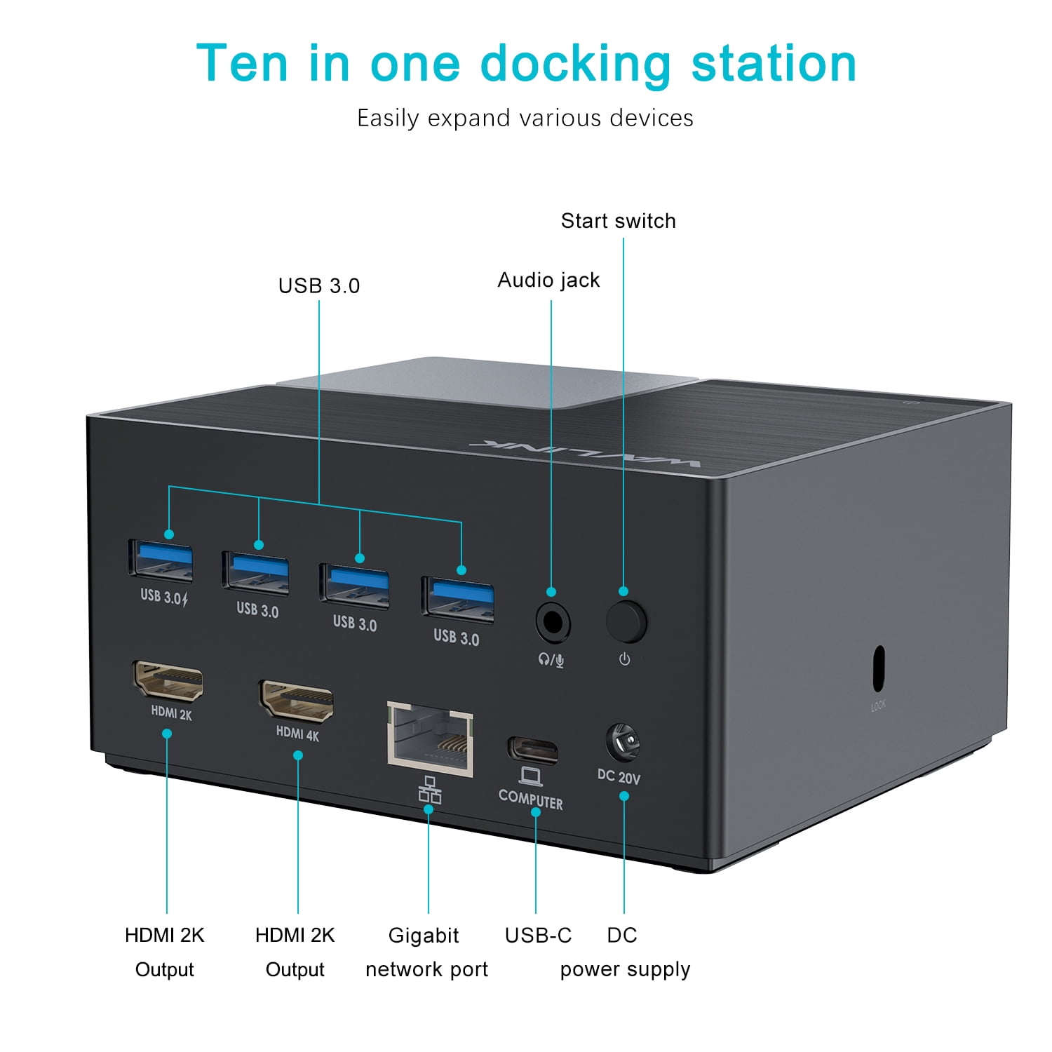WAVLINK USB 3.0/USB C Universal Laptop Docking Station, 10-in-1 USB-C Dock with Dual HDMI, RJ45 Ethernet, 100W Power Delivery, 4 USB Ports, Audio