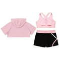 thumbnail image 4 of TiaoBug Kids Girls 3 Pcs Gymnastics Dance Sport Tracksuit Cross Back Vest with Shorts and Hooded Crop Top Set A Pink 10, 4 of 5