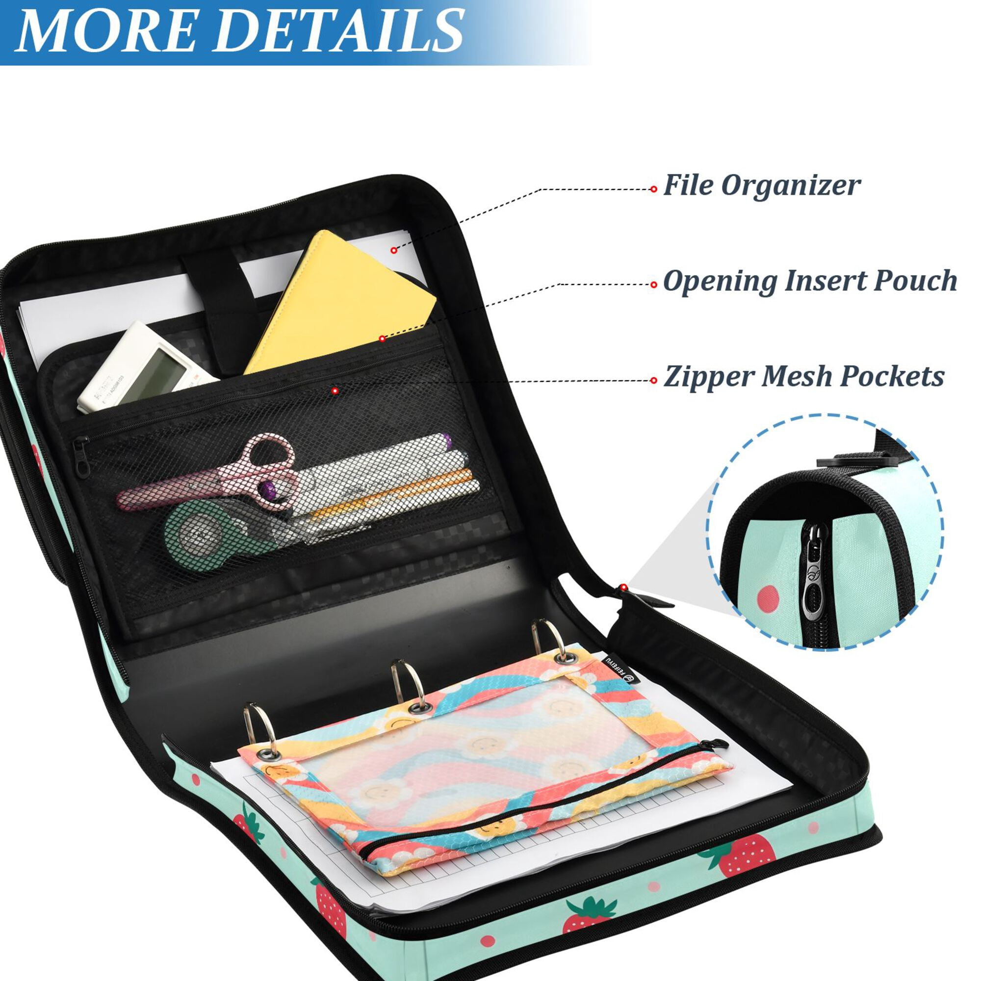 FORMRS Zipper Binder with Shoulder Strap 2-inch Ring 500 Sheet Capacity File Bag, Green Strawberry