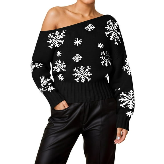 Christmas Sweaters for Women, Off The Shoulder Sweater for Women Festive Snowflake Long Sleeve Pullover Sweater for Women Cozy Seasonal Knitwear Design