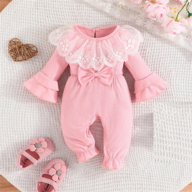 AherBiu Baby Rompers for Infant Girls Cotton Bodysuits Long Sleece Shirts Ruffle Sleeve Tops Fall Winter Solid Color Newborn Jumpsuits
